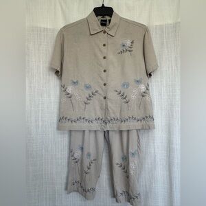 Erika Embroidered Set in Neutral Linen Blend | Top & Pants Set Size Medium